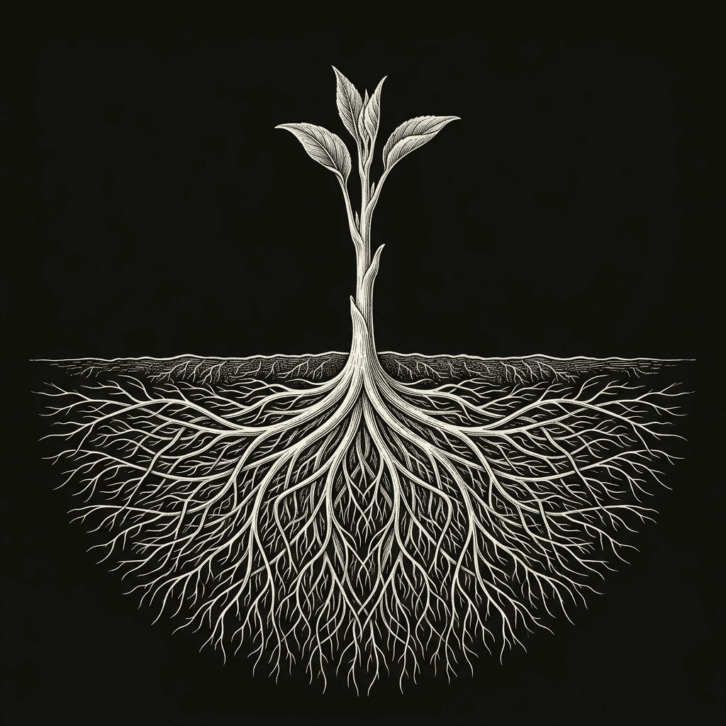Plant stem with leaves rising above a soil line, extensive root network spreading below. The Mycel figure mark